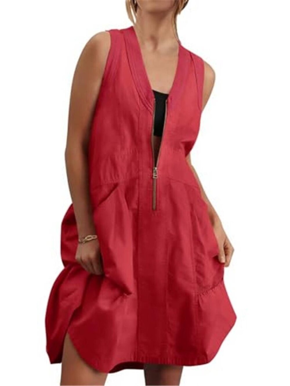 Women's Red Sleeveless Tank Mini Dress Casual Half Zip V Neck Loose Mesh
